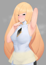 Rule 34 | 1girl, arm behind head, arm up, blonde hair, blush, breasts, closed mouth, covered erect nipples, covered navel, creatures (company), female focus, finger to mouth, game freak, gradient background, green eyes, grey background, highres, index finger raised, long hair, looking at viewer, lusamine (pokemon), medium breasts, moebell, mole, mole on armpit, nintendo, nose blush, pokemon, pokemon sm, simple background, smile, solo, standing, steaming body, upper body