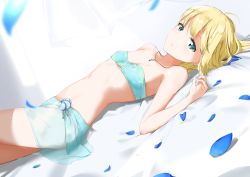 Rule 34 | 1girl, ahoge, artoria pendragon (all), artoria pendragon (fate), bed sheet, bikini, blonde hair, blue bikini, breasts, closed mouth, collarbone, fate/stay night, fate (series), green eyes, hair between eyes, highres, jewelry, looking at viewer, lying, necklace, official alternate costume, on back, petals, saber (fate), saber (resort vacances) (fate), sarong, short hair, small breasts, solo, strapless, strapless bikini, swimsuit, zagashira
