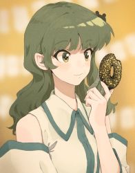 Rule 34 | 1girl, bare shoulders, bitten, blurry, blurry background, chocolate doughnut, closed mouth, collared shirt, commentary, crumbs, detached sleeves, doughnut, eating, food, food on face, frog hair ornament, green eyes, green hair, hair ornament, hand up, highres, holding, holding food, kochiya sanae, light blush, long hair, orange background, revision, shiratama (hockey), shirt, sidelocks, sleeveless, sleeveless shirt, smile, smirk, snake hair ornament, solo, touhou, upper body, white shirt, wing collar