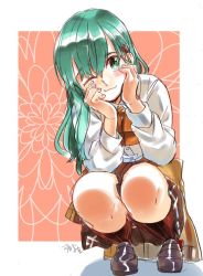 Rule 34 | 1girl, blush, bow, bowtie, brown jacket, brown socks, buttons, closed eyes, clothes around waist, collared shirt, commentary, full body, green eyes, green hair, hair between eyes, hair ornament, hair over shoulder, hairclip, head rest, jacket, jacket around waist, kantai collection, kneehighs, loafers, long hair, long sleeves, looking at viewer, one eye closed, orange bow, orange bowtie, pleated skirt, sagamiso, shadow, shirt, shoes, signature, sitting, skirt, smile, socks, solo, squatting, suzuya (kancolle), white shirt