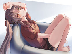 Rule 34 | 1girl, 7aka ne11, arm between legs, arm up, artist name, bare legs, barefoot, black nails, black shorts, brown hair, brown shirt, commentary request, couch, full body, genshin impact, head back, highres, hu tao (genshin impact), knees up, long hair, looking at viewer, nail polish, parted lips, puffy short sleeves, puffy sleeves, red eyes, red nails, shirt, short sleeves, shorts, sitting, solo, toenail polish, toenails, twintails
