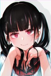 Rule 34 | 1girl, black hair, black sailor collar, blunt bangs, blush, closed mouth, commentary request, drop shadow, glaring, gomennasai, grey background, hands up, highres, long hair, looking at viewer, original, red neckwear, sailor collar, shirt, solo, twintails, upper body, white shirt