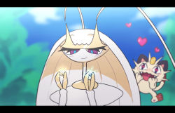 Rule 34 | blue pupils, blurry, blurry background, blush, chiimako, closed mouth, commentary request, creatures (company), day, eyelashes, game freak, gen 1 pokemon, gen 7 pokemon, hands up, heart, heart in eye, hetero, holding, letterboxed, meowth, nintendo, outdoors, pheromosa, pokemon, pokemon (creature), purple eyes, smile, symbol in eye, ultra beast
