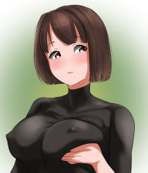 Rule 34 | 1girl, blush, breasts, brown eyes, brown hair, closed mouth, covered erect nipples, gradient background, highres, hyuuga (kancolle), kantai collection, large breasts, no bra, short hair, solo, tama (tamago)