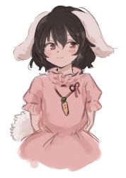 Rule 34 | 1girl, :3, absurdres, brown eyes, carrot necklace, closed mouth, dress, floppy ears, highres, inaba tewi, jewelry, looking at viewer, necklace, pink dress, rabbit tail, short sleeves, simple background, solo, tail, touhou, tsukiori, upper body, white background