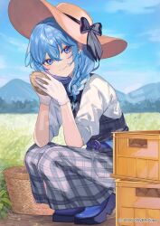 Rule 34 | 1girl, belt, black ribbon, blue belt, blue eyes, blue footwear, blue hair, blue sky, boots, box, braid, brown hat, commentary request, copyright notice, dress, earrings, food, gloves, hair between eyes, hat, hat ribbon, holding, holding food, hololive, hoshimachi suisei, hoshimachi suisei (1st costume), jewelry, long sleeves, looking at viewer, outdoors, plaid, plaid dress, potato, ribbon, rubber boots, sample watermark, shugao, sky, squatting, star (symbol), star earrings, virtual youtuber, watermark, white gloves, white sleeves, work gloves