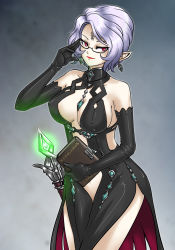 Rule 34 | 1girl, black gloves, book, breasts, center opening, cleavage, earrings, elbow gloves, covered erect nipples, facial mark, forehead mark, glasses, gloves, halterneck, halterneck, highres, jewelry, mc-4, original, pointy ears, red eyes, short hair, silver hair, smile, solo