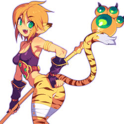 Rule 34 | 1girl, ass, breasts, breath of fire, breath of fire ii, cleavage, green eyes, hand on own hip, looking at viewer, metata, rinpoo chuan, simple background, small breasts, solo, tail, teeth, upper teeth only, white background