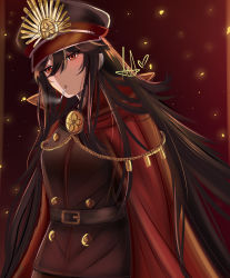 Rule 34 | 1girl, absurdres, akury, cigarette, fate/grand order, fate/type redline, fate (series), half-closed eyes, hat, highres, koha-ace, light particles, long hair, looking away, military, military hat, oda nobunaga (fate), oda nobunaga (koha-ace), red background, simple background, solo, tagme