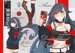 Rule 34 | 1girl, ;), asymmetrical legwear, azur lane, bad id, bad twitter id, barcode, bare shoulders, belt, black skirt, blue eyes, boots, breasts, cellphone, clothes around waist, cover, cross, deutschland (azur lane), earrings, english text, german text, grey hair, halterneck, hands in pockets, high heel boots, high heels, iphone, iphone 11 pro, iron cross, jacket, jacket around waist, jewelry, large breasts, long hair, magazine cover, midriff, multicolored hair, multiple views, navel, one eye closed, open clothes, phone, ring, sharp teeth, skirt, smartphone, smile, sports bra, streaked hair, teeth, thigh strap, thighhighs, uneven legwear, user rsfj2585