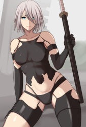 Rule 34 | 1girl, alternate hairstyle, android, bare shoulders, black gloves, black panties, black shirt, black thighhighs, blue eyes, breasts, closed mouth, elbow gloves, gloves, hair between eyes, holding, holding sword, holding weapon, katana, lainart, looking at viewer, mole, mole under mouth, nier:automata, nier (series), outdoors, panties, sheath, sheathed, shirt, short hair, solo, sword, thighhighs, torn clothes, torn thighhighs, underwear, weapon, white hair, a2 (nier:automata)