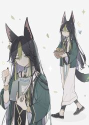 Rule 34 | 1boy, alternate hair length, alternate hairstyle, androgynous, animal ears, black hair, blue butterfly, book, bug, butterfly, closed mouth, earrings, flower, flower pot, fox boy, fox ears, fox tail, genshin impact, green eyes, green hair, highres, holding, holding book, holding flower pot, holding pen, insect, jewelry, long hair, long sleeves, male focus, multicolored hair, open book, pen, solo, tail, tighnari (genshin impact), white background, yellow flower, yue (shemika98425261)