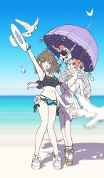 Rule 34 | 2girls, anastasia (fate), anastasia (swimsuit archer) (fate), anastasia (swimsuit archer) (second ascension) (fate), bare shoulders, beach, bikini, bird, black bikini, blue bikini, blue eyes, blue sky, blush, bow, braid, breasts, brown hair, charlotte corday (fate), charlotte corday (swimsuit caster) (fate), charlotte corday (swimsuit caster) (first ascension) (fate), cleavage, collarbone, doll, dove, dress, dress swimsuit, fate/grand order, fate (series), flower, flower wreath, green eyes, hair bow, hair over one eye, hat, head wreath, highres, jewelry, large breasts, long hair, mismatched bikini, multiple girls, navel, necklace, open mouth, parasol, pendant, shore, short hair, side braid, silver hair, sky, smile, sun hat, swimsuit, twin braids, umbrella, very long hair, viy (fate), wada arco, white dress, white headwear