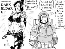Rule 34 | ..., 1boy, 1girl, absurdres, armor, astra militarum, asymmetrical clothes, asymmetrical pants, bb (baalbuddy), belt, bound, breasts, choker, cleavage, clothing cutout, commentary, crop top, ear piercing, eldar, english commentary, english text, greyscale, helmet, high ponytail, highres, large breasts, leather, leather pants, linea alba, looking to the side, midriff, monochrome, navel, pants, piercing, pointy ears, pouch, pubic tattoo, scar, scar across eye, scar on face, sheath, sheathed, shoulder armor, shoulder spikes, speech bubble, spikes, tattoo, thong, tied up (nonsexual), toned, tsundere, warhammer 40k