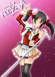 Rule 34 | 10s, 1girl, black hair, black ribbon, black thighhighs, bun cover, buttons, character name, cropped jacket, diesel-turbo, double-breasted, earrings, closed eyes, frilled shirt collar, frills, frown, holding, holding microphone, jewelry, love live!, love live! school idol project, m/, microphone, neck ribbon, purple background, ribbon, skirt, solo, sore wa bokutachi no kiseki, sparkle, thighhighs, twintails, yazawa nico