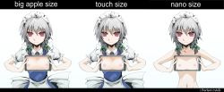 Rule 34 | 1girl, apple inc., braid, breasts, comparison, embodiment of scarlet devil, female focus, flat chest, gradient background, ipad, izayoi sakuya, kurogane (scrapsteel), long image, maid, medium breasts, multiple views, nude, red eyes, silver hair, small breasts, tablet pc, touhou, twin braids, upper body, white background, wide image, x-ray, x-ray vision