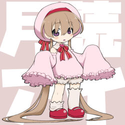 Rule 34 | 1girl, absurdly long hair, beret, bloomers, blush, brooch, brown hair, character name, collared dress, commentary request, detached sleeves, dress, frilled dress, frilled sleeves, frills, full body, hands up, hat, hat ribbon, heart, heart brooch, highres, jewelry, light frown, long hair, loose thighhigh, low twintails, mary janes, microdress, open mouth, pink background, pink dress, pink hat, pink sleeves, purple eyes, red footwear, red ribbon, ribbon, shoes, sleeveless, sleeveless dress, sleeves past fingers, sleeves past wrists, solo, standing, text background, thighhighs, tsukuyomi ai, twintails, underwear, very long hair, voiceroid, w arms, white bloomers, white thighhighs, yunji