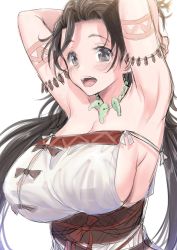 Rule 34 | 1girl, absurdres, armpits, arms behind head, arms up, bare shoulders, blush, body markings, breasts, breasts day, brown eyes, brown hair, cleavage, dress, facial mark, fate/grand order, fate (series), forehead, forehead mark, highres, himiko (fate), himiko (first ascension) (fate), jewelry, large breasts, long hair, looking at viewer, magatama, magatama necklace, necklace, open mouth, sash, side slit, sideboob, smile, solo, topknot, twintails, white dress, youshuu