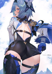 Rule 34 | 1girl, adjusting clothes, artist name, ass, ass focus, back, back cutout, bare shoulders, black hairband, black thighhighs, blue gloves, blue hair, blush, breasts, brown eyes, clothing cutout, commentary, cowboy shot, english commentary, eula (genshin impact), from behind, genshin impact, gloves, hair ornament, hairband, highres, long sleeves, looking at viewer, looking back, medium breasts, open mouth, raijuu (bakanara), short hair, shoulder cutout, skindentation, solo, thighhighs, thighs, trefoil
