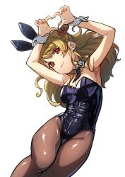 Rule 34 | 1girl, :3, armpits, arms up, asahi nina, bare arms, black leotard, black necktie, blonde hair, breasts, brown pantyhose, cleavage, closed mouth, collar, curly hair, detached collar, feet out of frame, from above, hair bun, hair ornament, hair spread out, head tilt, heart, heart hands, highres, indie virtual youtuber, legs together, leotard, long hair, looking at viewer, lying, medium breasts, necktie, orange eyes, osanadaisuke, pantyhose, playboy bunny, rabbit ears, short necktie, simple background, smile, solo, swept bangs, virtual youtuber, white background, white collar, white wrist cuffs, wrist cuffs