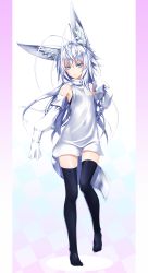 Rule 34 | 1girl, animal ears, antenna hair, blue eyes, colored eyelashes, detached sleeves, highres, kentairui, long hair, mitsuha (kenntairui), mitsuha (kentairui), original, sleeves past wrists, solo, tail, thighhighs, colored eyelashes, white hair, zettai ryouiki