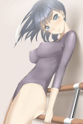 Rule 34 | 1girl, ass, blue eyes, blush, breasts, covered erect nipples, covered navel, cowboy shot, eyebrows, grey hair, head tilt, highres, leaning back, leotard, long hair, looking at viewer, medium breasts, original, solo, throtem