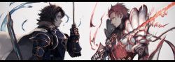 Rule 34 | 10s, 2boys, armor, black hair, cape, fire, gauntlets, granblue fantasy, hair slicked back, highres, holding, holding sword, holding weapon, lancelot (granblue fantasy), letterboxed, looking at another, looking at viewer, looking to the side, male focus, multiple boys, percival (granblue fantasy), rean (r ean), red eyes, red hair, sword, upper body, weapon