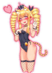 Rule 34 | 1girl, absurdres, animal ears, blonde hair, blush, bow, bowtie, breasts, cameltoe, cat ears, cat tail, character request, covered navel, crown, detached collar, drill hair, ear blush, fishnet thighhighs, fishnets, gloves, hand on own chest, heart, heart-shaped pupils, highres, kittysuit, leotard, long hair, nontraditional playboy bunny, open mouth, phantasy star, phantasy star online, red eyes, shennai misha, small breasts, sweat, symbol-shaped pupils, tail, thighhighs, twin drills, twintails, v, wavy mouth, white gloves, wrist cuffs