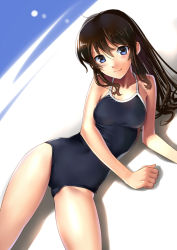 Rule 34 | 1girl, armpits, bare shoulders, blush, breasts, brown hair, competition school swimsuit, cowboy shot, katahira masashi, large breasts, long hair, looking at viewer, lying, on side, one-piece swimsuit, original, school swimsuit, smile, solo, swimsuit, wavy hair