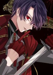 Rule 34 | 1boy, ascot, black background, blood, empty picture frame, facing to the side, finger to mouth, gem, gloves, highres, holding, holding sword, holding weapon, jacket, kenmochi touya, looking at viewer, male focus, nijisanji, open mouth, picture frame, purple hair, red eyes, red gemstone, red gloves, red jacket, short hair, shushing, smirk, soiya (soiyaaaaaa2), solo, sword, virtual youtuber, weapon, white ascot