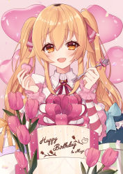 Rule 34 | 1girl, :d, akuo 11, balloon, blonde hair, blush, brooch, brown hair, cake, collared dress, dress, flower, food, fork, gift, hair flaps, hair ribbon, happy birthday, heart balloon, highres, holding, holding food, holding fork, ienaga mugi, jewelry, long hair, macaron, multicolored hair, neck ribbon, nijisanji, open mouth, orange eyes, pink flower, pink tulip, plant roots, ribbon, smile, solo, striped sleeves, tulip, twintails, two-tone hair, virtual youtuber, wrist cuffs