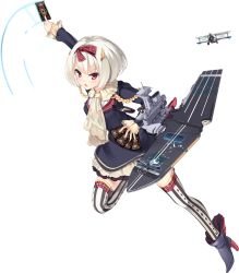 Rule 34 | 1girl, aiguillette, aircraft, airplane, ankle boots, ascot, azur lane, blush, bob cut, boots, card, diamond (shape), eyebrows, flight deck, full body, grey footwear, hair ornament, hairband, hermes (azur lane), high heel boots, high heels, holding, holding card, kaede (yumesaki kaede), leg up, long sleeves, official art, pink eyes, plaid, red hairband, short hair, sleeves past wrists, solo, striped clothes, striped thighhighs, thighhighs, transparent background, vertical-striped clothes, vertical-striped thighhighs, white hair, yellow ascot