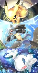 Rule 34 | absurdres, blue eyes, blue sky, bubble, cloud, commentary request, creatures (company), day, electricity, electrokinesis, fish, full body, game freak, gen 1 pokemon, gen 4 pokemon, gen 7 pokemon, grass, highres, lets0020, lucario, nintendo, no humans, open mouth, pikachu, pokemon, pokemon (creature), red eyes, sky, underwater, v-shaped eyes, wishiwashi