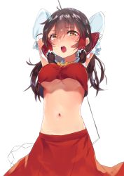 Rule 34 | 1girl, :o, arms behind head, asuzemu, blush, bow, breasts, brown hair, cowboy shot, crop top, crop top overhang, detached sleeves, frilled bow, frills, gohei, hair between eyes, hair bow, hair tubes, hakurei reimu, long hair, long skirt, long sleeves, looking at viewer, medium breasts, midriff, navel, open mouth, red bow, red skirt, ribbon-trimmed sleeves, ribbon trim, sidelocks, simple background, skirt, solo, standing, stomach, tareme, touhou, underboob, white background, yellow eyes