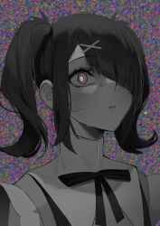 Rule 34 | 1girl, ame-chan (needy girl overdose), artist name, collared shirt, commentary, diagonal bangs, greyscale, hair ornament, hair over one eye, hair tie, highres, looking afar, looking ahead, medium hair, monochrome, neck ribbon, needy girl overdose, one eye covered, parted lips, ribbon, sasoura, shirt, solo, static, sweatdrop, symbol-only commentary, twintails, upper body, x hair ornament