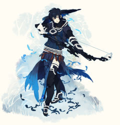 Rule 34 | 1boy, arrow (projectile), black hair, bow (weapon), drawing bow, feathers, full body, gloves, holding, holding bow (weapon), holding weapon, honya lala, jacket, male focus, pixiv fantasia, pixiv fantasia 1, red eyes, solo, standing, weapon