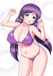 10s 1girl bikini blue_eyes breasts covered_erect_nipples curvy female_focus hair_ornament huge_breasts leaning_forward long_hair long_twintails love_live! love_live!_school_idol_project navel open_mouth purple_bikini purple_hair samara solo standing swimsuit tojo_nozomi twintails