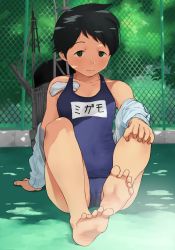 Rule 34 | 1girl, barefoot, black eyes, black hair, blue one-piece swimsuit, chain-link fence, dappled sunlight, feet, fence, full body, in swimsuit, jacket, kantai collection, looking at viewer, machinery, mogami (kancolle), name tag, object in clothes, object in swimsuit, one-piece swimsuit, school swimsuit, shade, sitting, smile, smokestack, soles, solo, sunlight, unworn swim cap, swimsuit, toes, tooku nomura (artist), white jacket