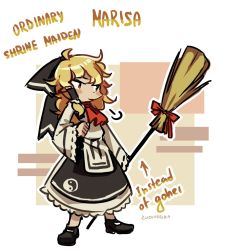 Rule 34 | apron, ascot, black apron, black footwear, blonde hair, blush, bow, broom, brown eyes, english text, frilled hair tubes, frilled skirt, frilled sleeves, frills, hair bow, hair tubes, hat, kirisame marisa, long hair, red ascot, role reversal, shoes, simple background, skirt, socks, solo, touhou, white skirt, witch hat, yin yang, yin yang print, zuomerika
