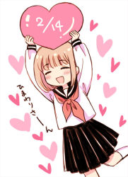 Rule 34 | 1girl, :d, ^ ^, arms up, black sailor collar, black skirt, blush, character name, closed eyes, commentary request, copyright name, dated, facing to the side, feet out of frame, happy, heart, heart background, himawari-san, holding, holding heart, kazamatsuri matsuri, kneehighs, leg up, light brown hair, long sleeves, neckerchief, open mouth, pleated skirt, red neckerchief, sailor collar, school uniform, serafuku, shirt, short hair, sketch, skirt, smile, socks, solo, sugano manami, translated, valentine, white background, white shirt, white socks