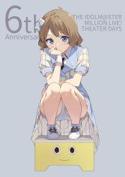 Rule 34 | 1girl, anniversary, black necktie, blue eyes, brown hair, collared shirt, copyright name, full body, future signature (idolmaster), grey background, hand on own face, highres, idolmaster, idolmaster million live!, idolmaster million live! theater days, jacket, looking at viewer, mikaze takashi, necktie, plaid, plaid jacket, shirt, short hair, short sleeves, simple background, solo, squatting, suou momoko, white footwear, wrist cuffs