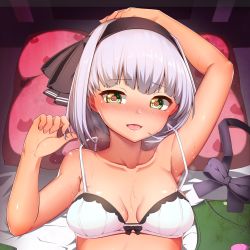 Rule 34 | 1girl, :d, arm up, armpits, bed sheet, black bow, black hairband, black ribbon, blush, bow, bra, breasts, cleavage, collarbone, commentary request, ear blush, egg vibrator, green eyes, green vest, hair ribbon, hairband, heart, heart-shaped pupils, highres, konpaku youmu, looking at viewer, lying, moyashi baasuto, nail polish, nose blush, on back, open mouth, pillow, pink nails, ribbon, sex toy, short hair, simple background, small breasts, smile, solo, sweat, symbol-shaped pupils, touhou, underwear, underwear only, upper body, vest, unworn vest, vibrator, white bra
