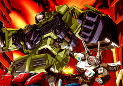 Rule 34 | autobot, clenched hands, decepticon, devastator (transformers), fire, flying, gun, highres, holding, holding gun, holding weapon, laserbeak, makoto ono, mecha, no humans, open mouth, optimus prime, prowl (transformers), robot, rocket launcher, science fiction, thrusters, transformers, v-fin, weapon