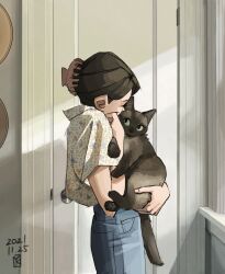 Rule 34 | 1girl, animal, black hair, blue pants, cat, claw hair clip, closed eyes, commentary, dated, denim, door, from side, hair ornament, hairclip, highres, holding, holding animal, holding cat, jeans, kimura 731, original, pants, shirt tucked in, signature