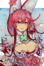 Rule 34 | 1girl, ahoge, animal ears, blue eyes, blush, bow, bracelet, breasts, bridal veil, cleavage, cleavage cutout, closed mouth, clothing cutout, clover, dress, elphelt valentine, fake animal ears, four-leaf clover, guilty gear, guilty gear xrd, hair between eyes, hairband, heart, heart-shaped pupils, highres, huge ahoge, jewelry, large breasts, levvellevvel, looking at viewer, pink bow, pink hair, pink ribbon, rabbit ears, ribbon, short hair, solo, spiked hairband, spikes, symbol-shaped pupils, veil, wedding dress