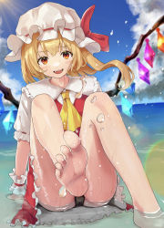 Rule 34 | 1girl, :d, absurdres, ascot, barefoot, blonde hair, crystal, day, flandre scarlet, foot out of frame, foreshortening, hat, highres, horizon, in water, keikei 927, looking at viewer, mob cap, one side up, open mouth, orange eyes, outdoors, panties, red skirt, red vest, skirt, smile, soles, solo, sunlight, toes, touhou, underwear, upskirt, vest, wings, yellow ascot