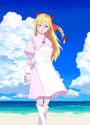 Rule 34 | 1girl, beach, blonde hair, blue eyes, bow, braid, chrono cross, closed mouth, cloud, day, dress, eye contact, facing viewer, hair between eyes, hair ribbon, half updo, high ponytail, kid (chrono cross), long hair, looking at another, looking at viewer, namego, outdoors, pink dress, ponytail, red bow, red ribbon, ribbon, schala zeal, single braid, sky, solo, spoilers, standing