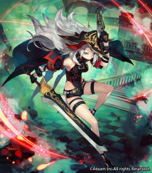 Rule 34 | 1girl, ainezu, arm ribbon, black cape, black gloves, black leotard, black ribbon, black shorts, bracelet, breasts, breasts apart, cape, checkered floor, full body, gloves, green eyes, gun, hair between eyes, highres, holding, holding gun, holding sword, holding weapon, jewelry, leotard, leotard under clothes, long hair, looking at viewer, medium breasts, ribbon, short shorts, shorts, silver hair, solo, sword, thigh strap, valkyrie connect, vendetta (valkyrie connect), very long hair, weapon