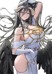 Rule 34 | 1girl, ahoge, albedo (overlord), ame (uten cancel), bare shoulders, black hair, black wings, breasts, demon girl, demon horns, detached collar, dress, feathered wings, gloves, hair between eyes, highres, hip vent, horns, large breasts, long hair, low wings, open mouth, overlord (maruyama), parted lips, solo, very long hair, white dress, white gloves, white horns, wings, yellow eyes