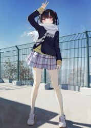 Rule 34 | 1girl, arm up, black hair, black jacket, blush, cardigan, cloud, cloudy sky, commentary request, dappled sunlight, fence, full body, hair ornament, hair scrunchie, hand up, jacket, kamizaki hibana, medium hair, miniskirt, no socks, original, outdoors, pink eyes, plaid, plaid skirt, rooftop, scarf, scrunchie, shadow, shoes, skirt, sky, sneakers, solo, sunlight, twintails, v, white scarf, wind, yellow cardigan